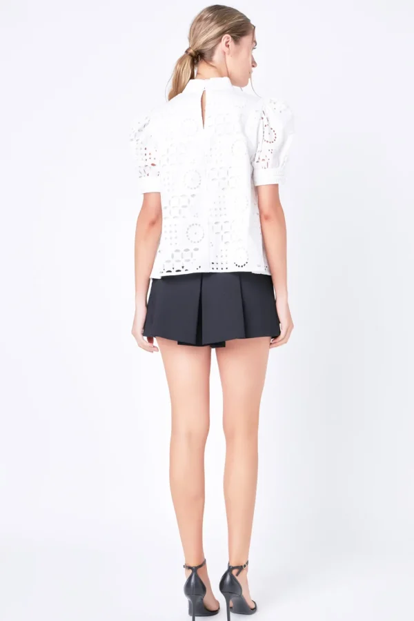ENGLISH FACTORY Tops*- Broderie Anglaise Puff Sleeve Top WHITE