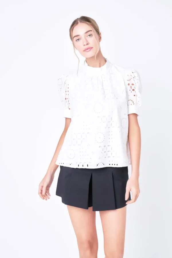 ENGLISH FACTORY Tops*- Broderie Anglaise Puff Sleeve Top WHITE