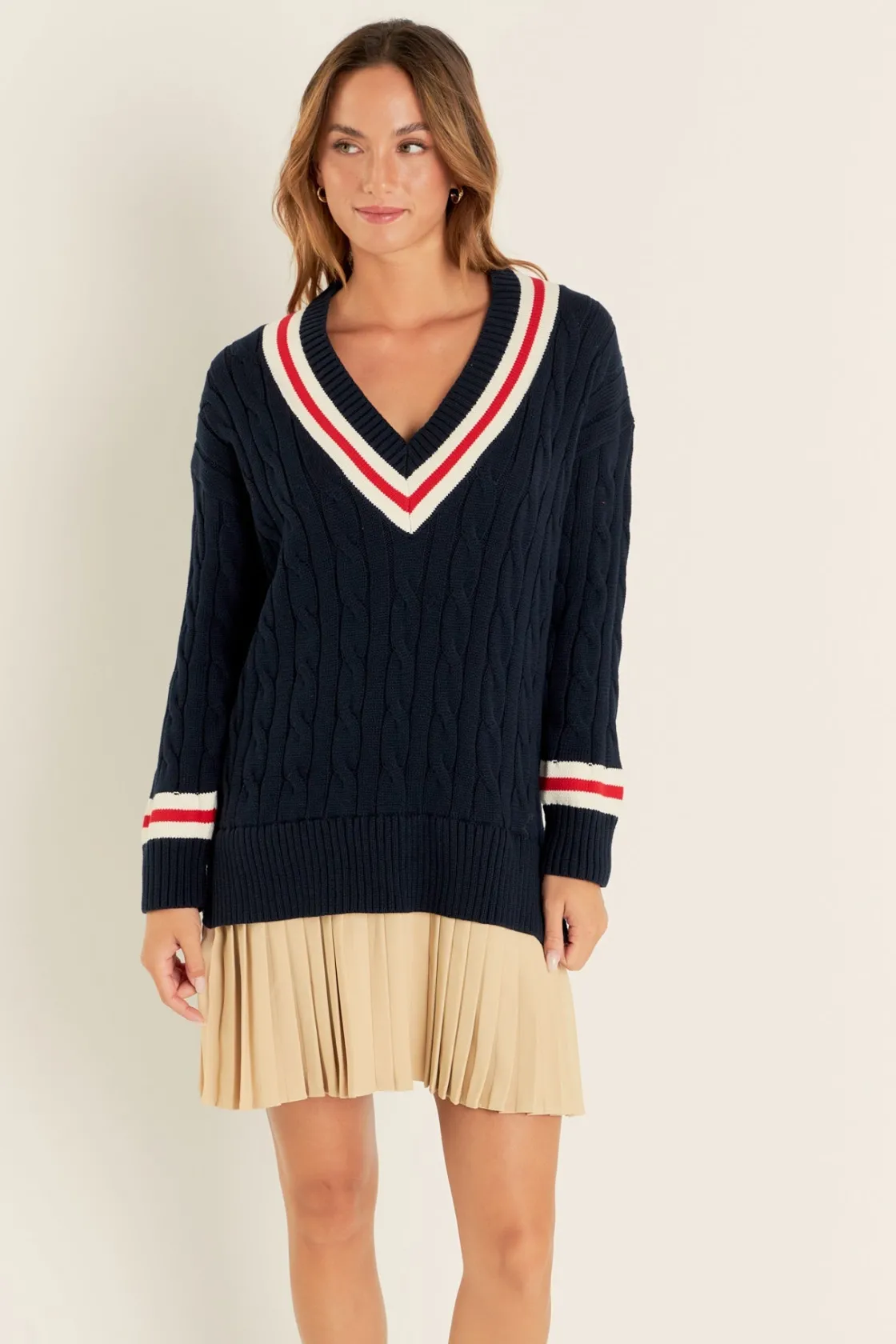 english_factory__cable_kn_3.webp ENGLISH FACTORY Tops*- Cable Knit Pleated Sweater Dress