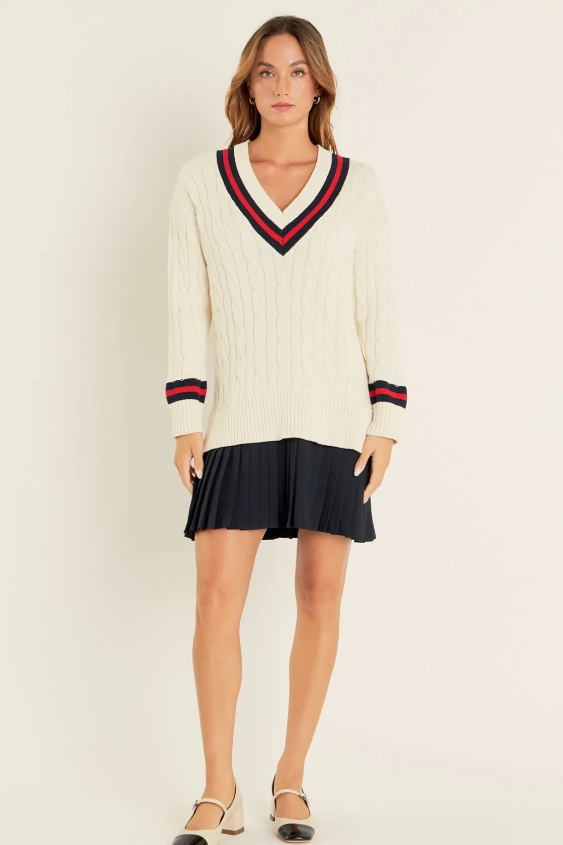 english_factory__cable_kn_4.webp ENGLISH FACTORY Tops*- Cable Knit Pleated Sweater Dress