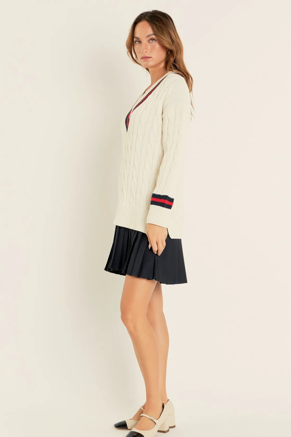 english_factory__cable_kn_6.webp ENGLISH FACTORY Tops*- Cable Knit Pleated Sweater Dress