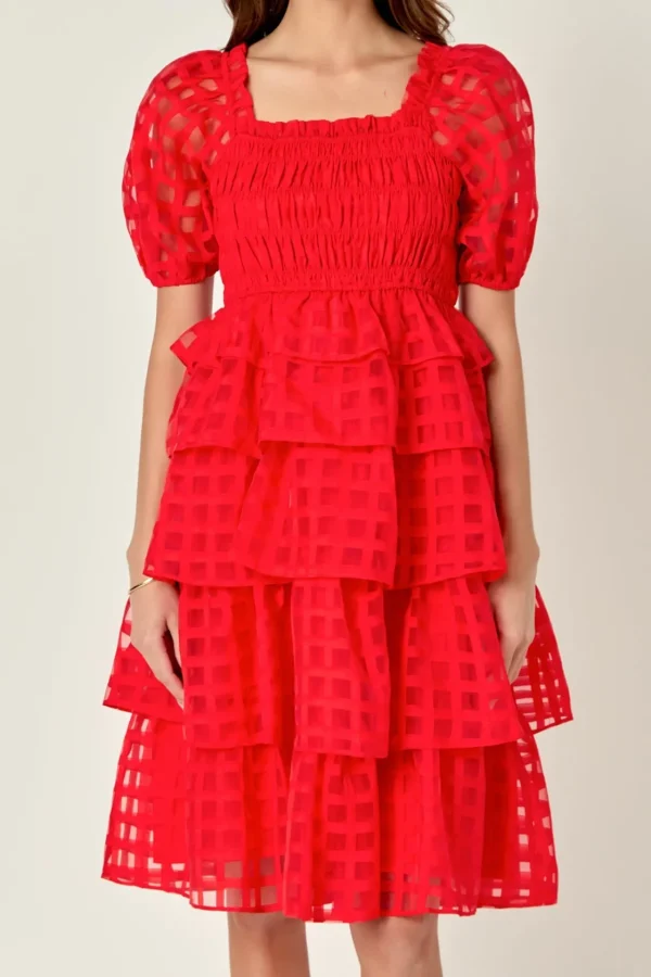 ENGLISH FACTORY Tops*- Check Organza Tie Midi Dress RED