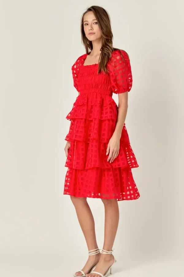 ENGLISH FACTORY Tops*- Check Organza Tie Midi Dress RED