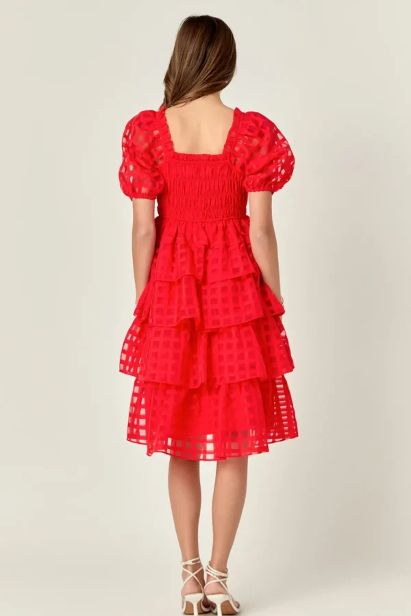 ENGLISH FACTORY Tops*- Check Organza Tie Midi Dress RED