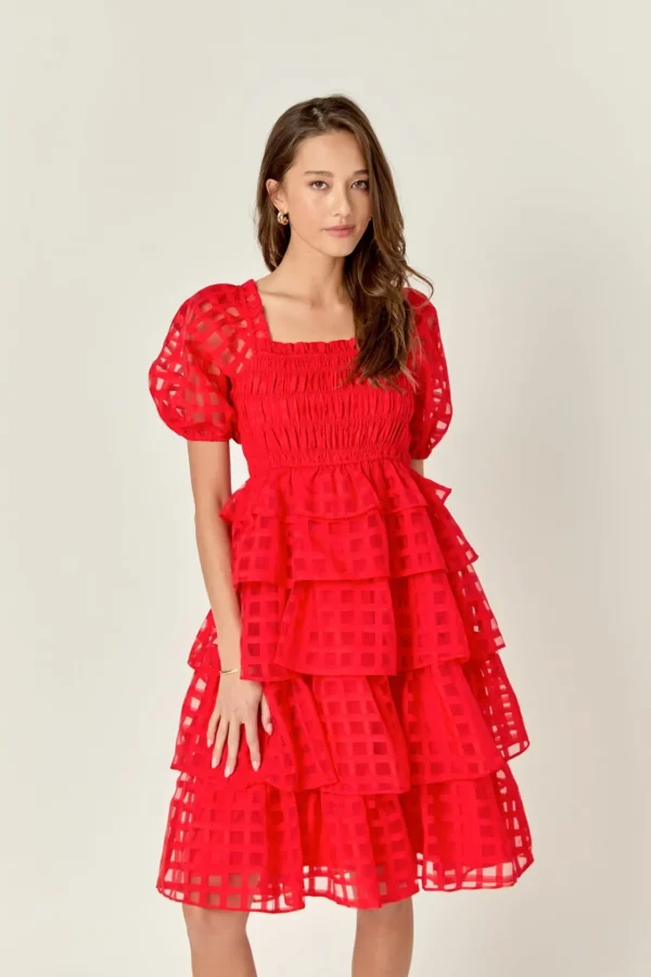 ENGLISH FACTORY Tops*- Check Organza Tie Midi Dress RED