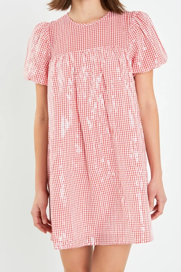 ENGLISH FACTORY Tops*- Check Sequins Mini Dress RED