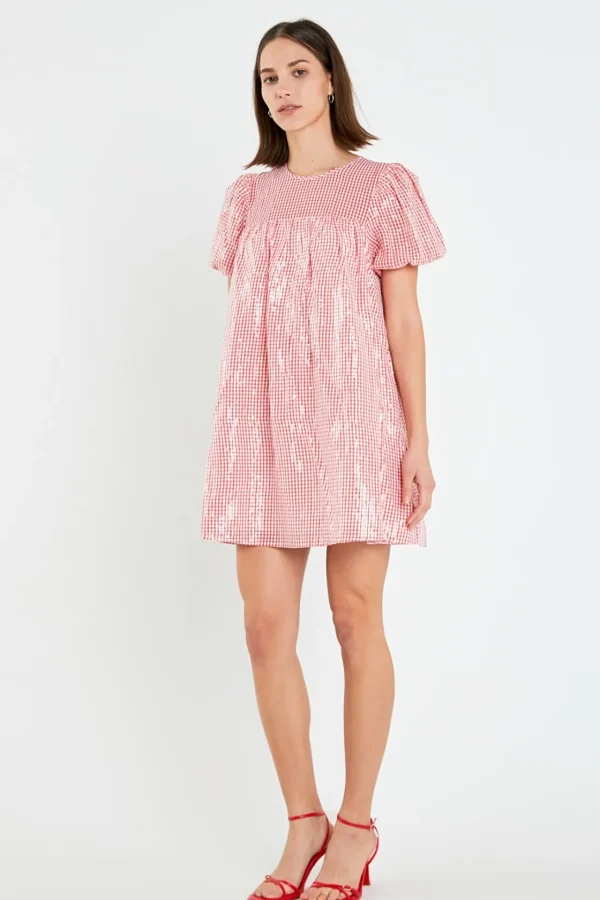 ENGLISH FACTORY Tops*- Check Sequins Mini Dress RED