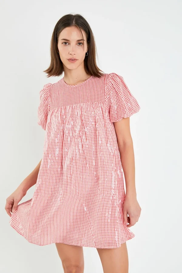 ENGLISH FACTORY Tops*- Check Sequins Mini Dress RED