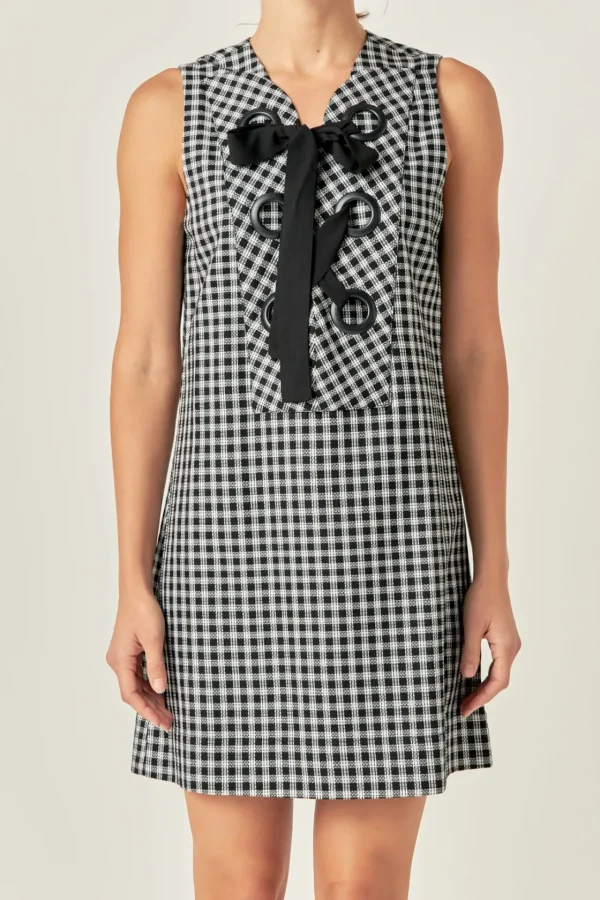 ENGLISH FACTORY Tops*- Check Sleeveless Grommet Mini Dress BLACK