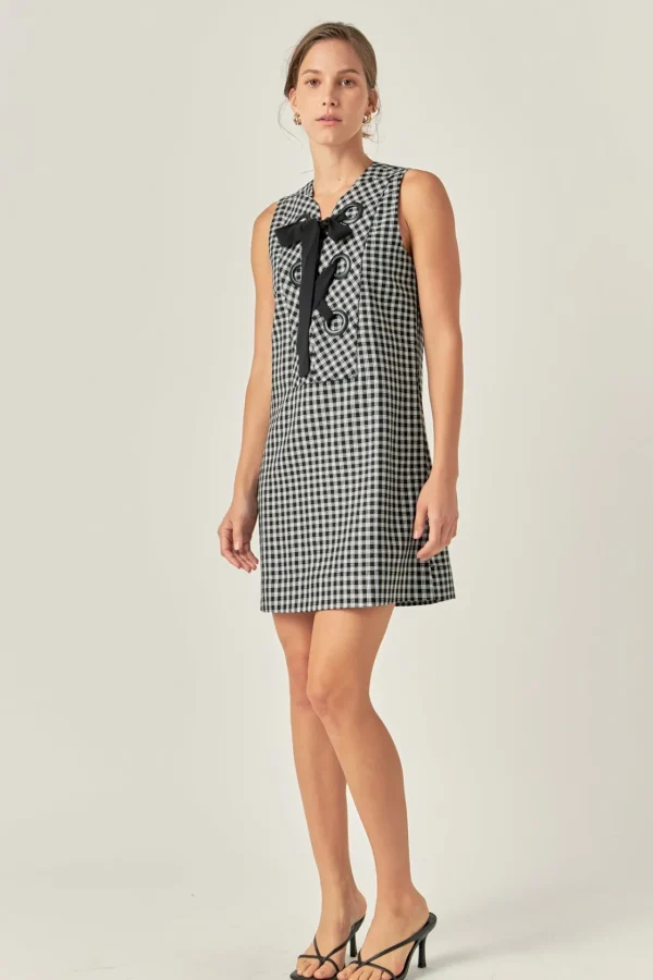 ENGLISH FACTORY Tops*- Check Sleeveless Grommet Mini Dress BLACK