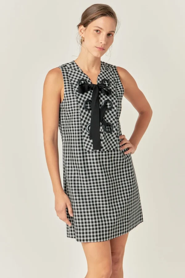 ENGLISH FACTORY Tops*- Check Sleeveless Grommet Mini Dress BLACK