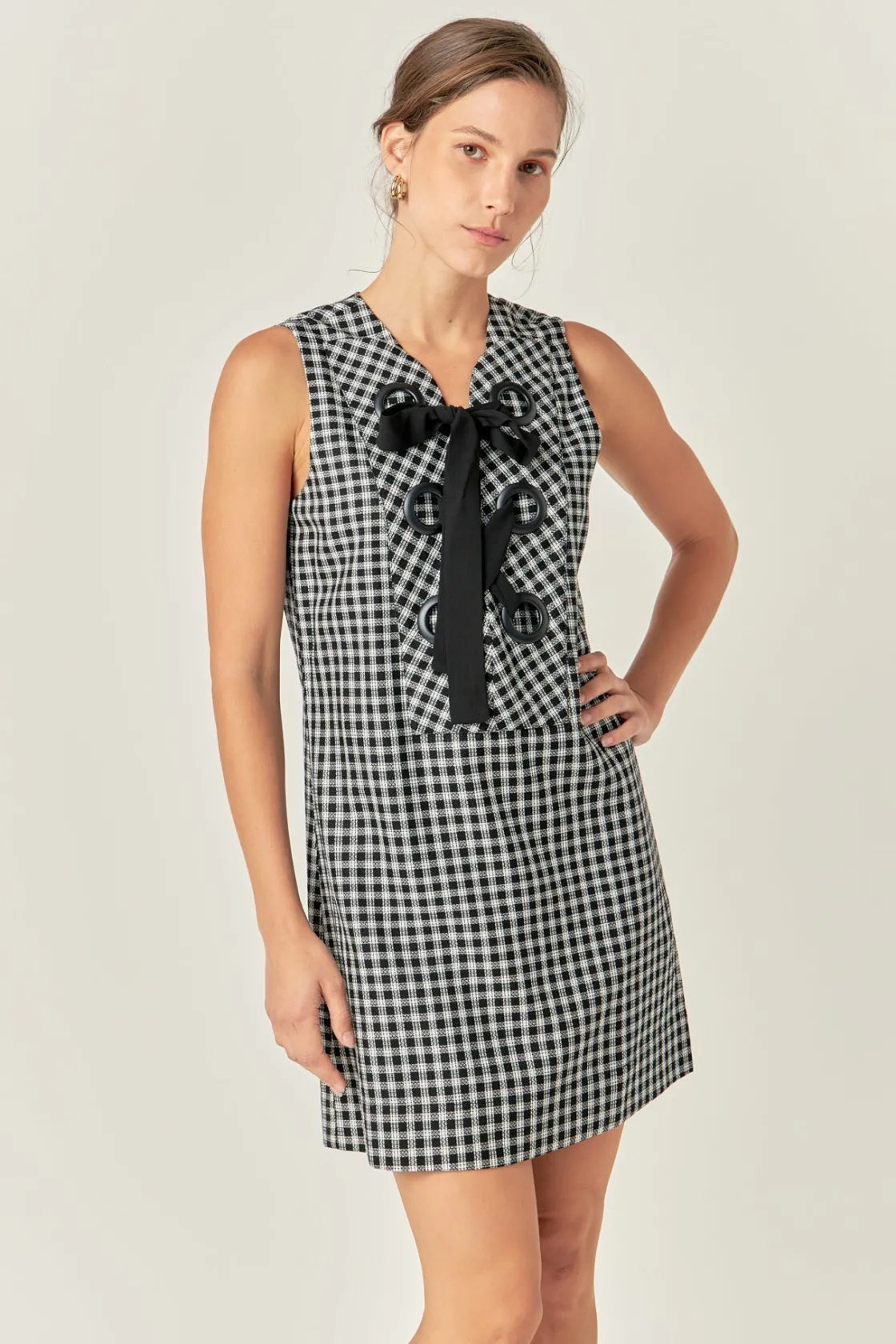 english_factory__check_sl_3.webp ENGLISH FACTORY Tops*- Check Sleeveless Grommet Mini Dress BLACK