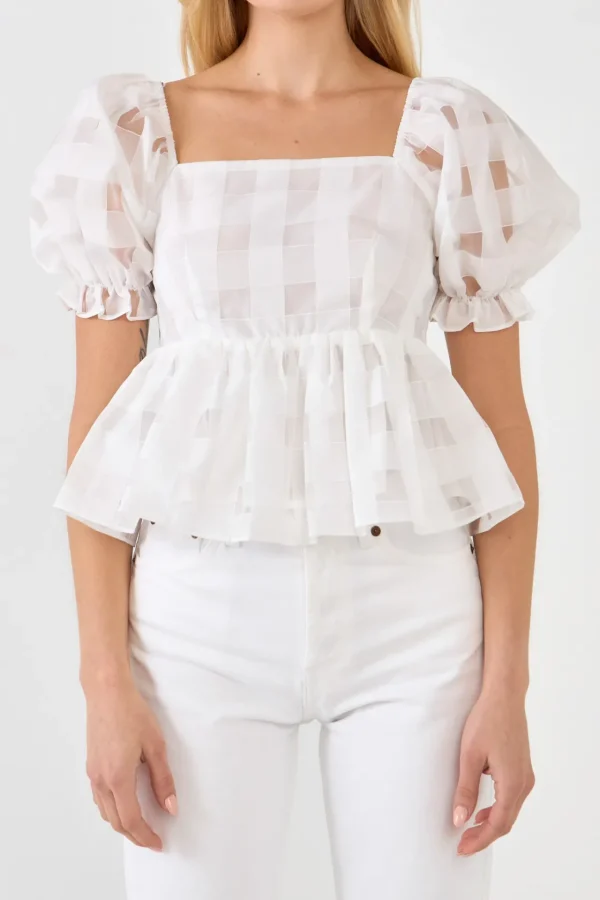 ENGLISH FACTORY Tops*- Checker Organza Top WHITE