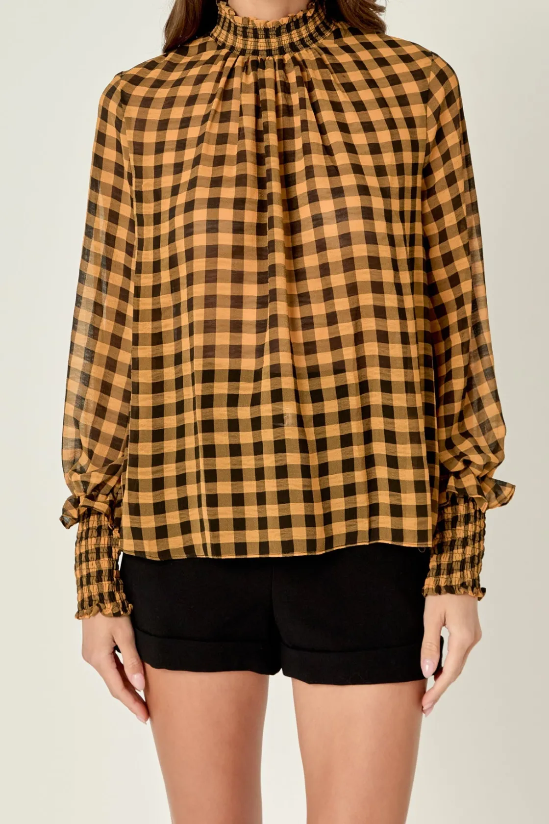 english_factory__checker__0.webp ENGLISH FACTORY Tops*- Checker Blouse with Mock Neck YELLOW/BLACK