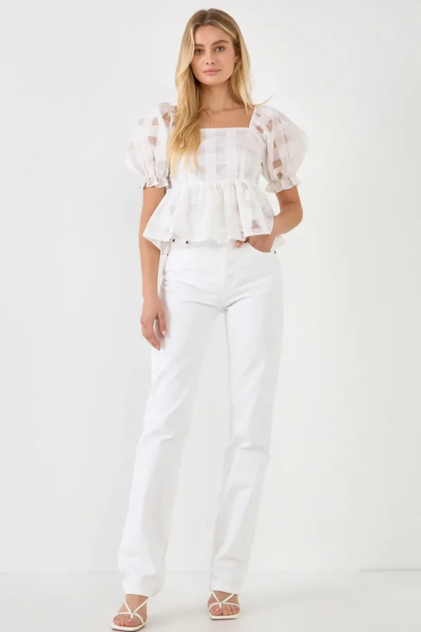 ENGLISH FACTORY Tops*- Checker Organza Top WHITE