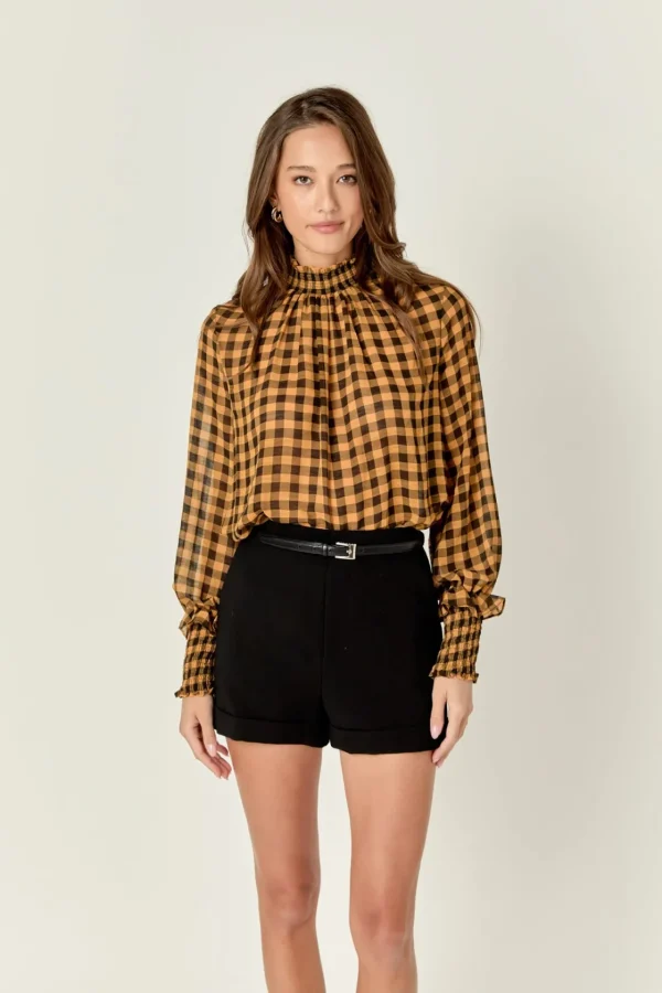 ENGLISH FACTORY Tops*- Checker Blouse with Mock Neck YELLOW/BLACK
