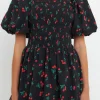 ENGLISH FACTORY Tops*- Cherry Print Smocked Mini Dress BLACK