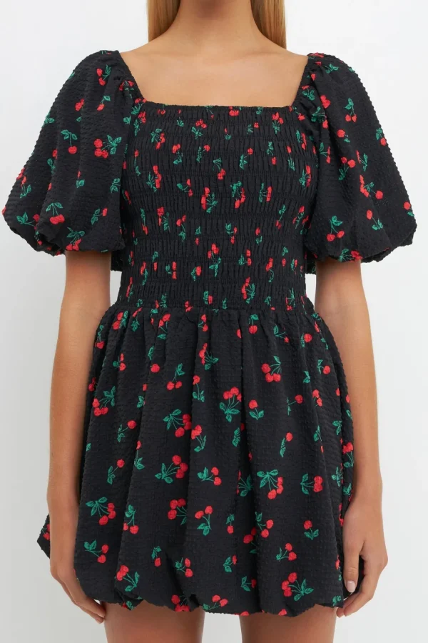 ENGLISH FACTORY Tops*- Cherry Print Smocked Mini Dress BLACK