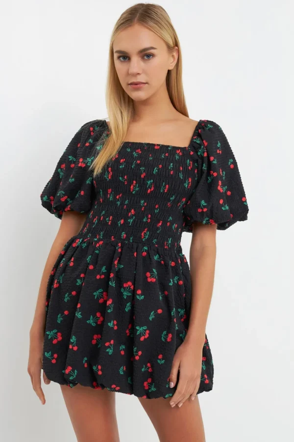 ENGLISH FACTORY Tops*- Cherry Print Smocked Mini Dress BLACK