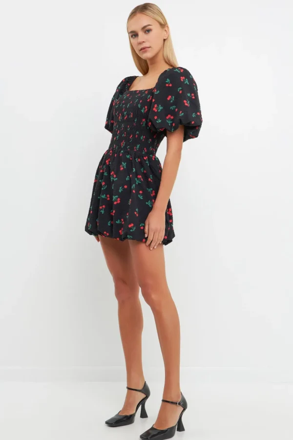 ENGLISH FACTORY Tops*- Cherry Print Smocked Mini Dress BLACK