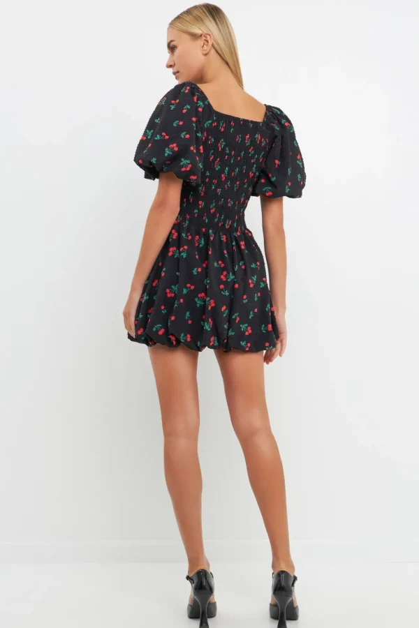 ENGLISH FACTORY Tops*- Cherry Print Smocked Mini Dress BLACK