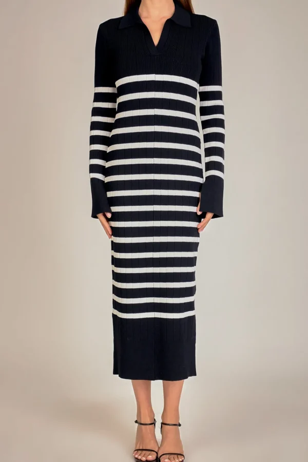 ENGLISH FACTORY Tops*- Collar Knit Midi Dress BLACK/OFFWHITE