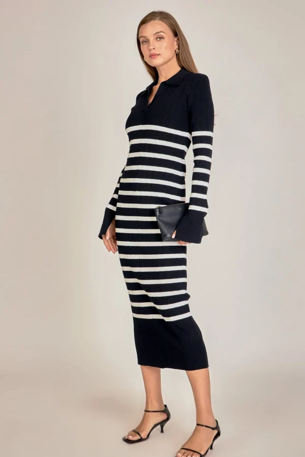 ENGLISH FACTORY Tops*- Collar Knit Midi Dress BLACK/OFFWHITE