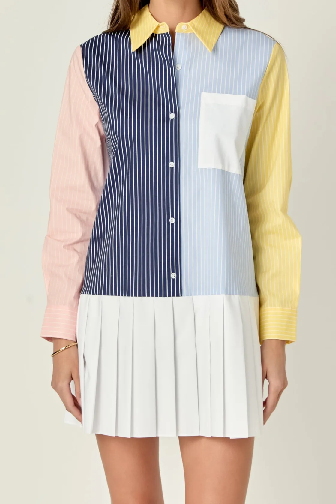 english_factory__color_bl_0-1.webp ENGLISH FACTORY Tops*- Color Block Stripe Pleated Mini Dress NAVYMULTI