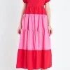 ENGLISH FACTORY Tops*- Color Block Puff Sleeve Maxi Dress RED