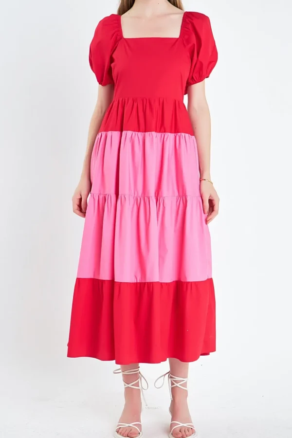 ENGLISH FACTORY Tops*- Color Block Puff Sleeve Maxi Dress RED