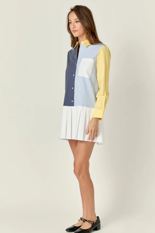 ENGLISH FACTORY Tops*- Color Block Stripe Pleated Mini Dress NAVYMULTI