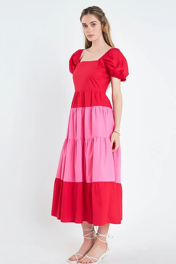 ENGLISH FACTORY Tops*- Color Block Puff Sleeve Maxi Dress RED
