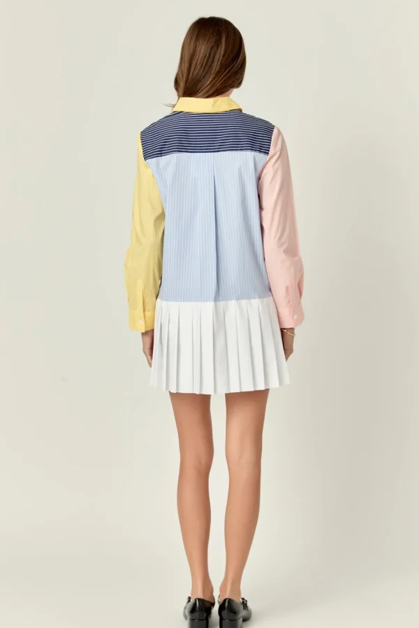 ENGLISH FACTORY Tops*- Color Block Stripe Pleated Mini Dress NAVYMULTI
