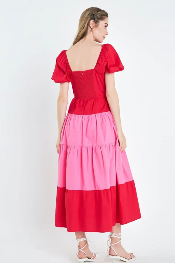 ENGLISH FACTORY Tops*- Color Block Puff Sleeve Maxi Dress RED