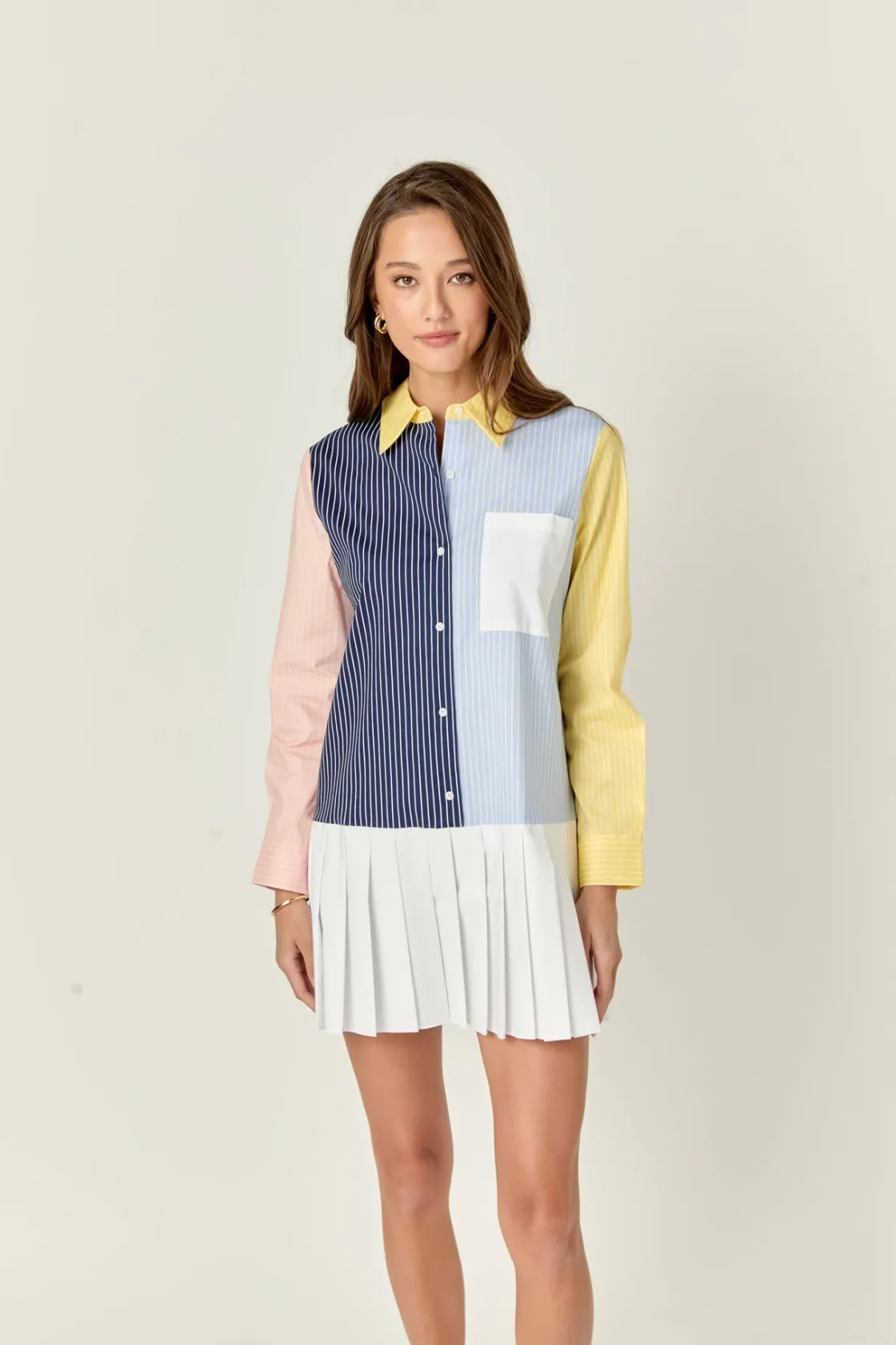 english_factory__color_bl_3-1.webp ENGLISH FACTORY Tops*- Color Block Stripe Pleated Mini Dress NAVYMULTI