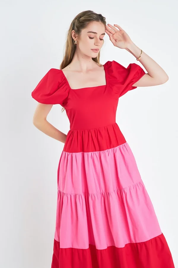 ENGLISH FACTORY Tops*- Color Block Puff Sleeve Maxi Dress RED