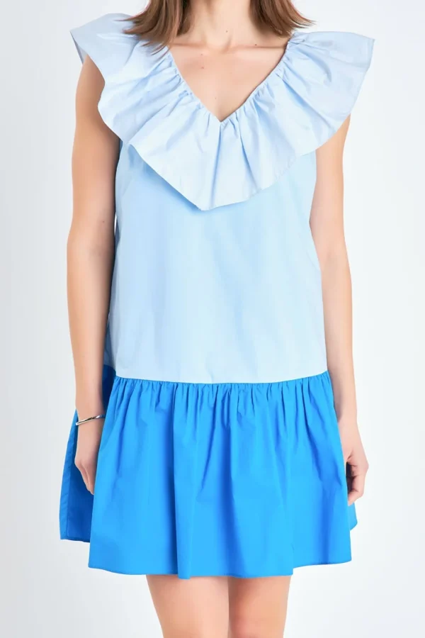 ENGLISH FACTORY Tops*- Colorblock Ruffled Shift Dress BLUE