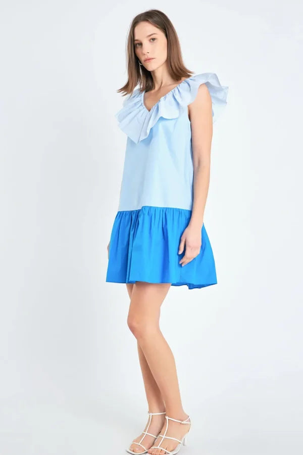 ENGLISH FACTORY Tops*- Colorblock Ruffled Shift Dress BLUE