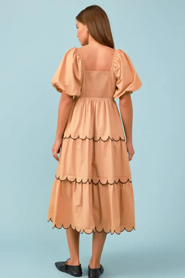 ENGLISH FACTORY Tops*- Colorblock Scallop Midi Dress TAN/BLACK