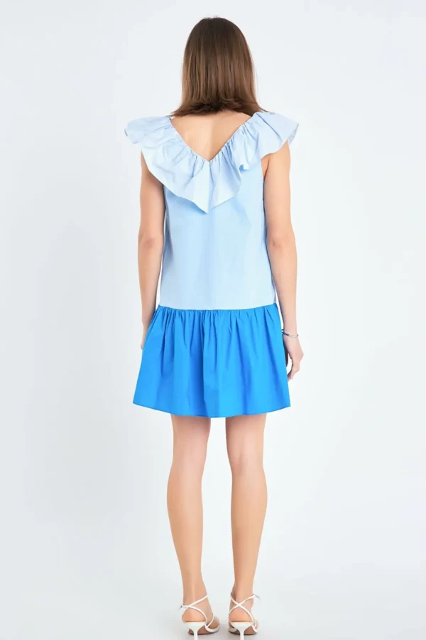 ENGLISH FACTORY Tops*- Colorblock Ruffled Shift Dress BLUE