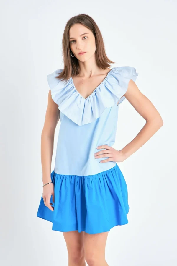 ENGLISH FACTORY Tops*- Colorblock Ruffled Shift Dress BLUE