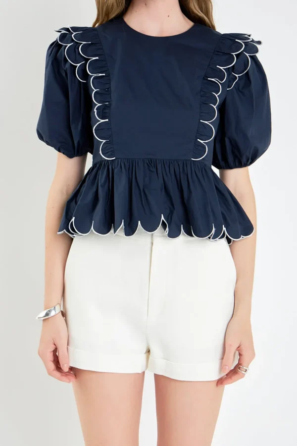 ENGLISH FACTORY Tops*- Contrast Scallop Edge Top NAVY/WHITE