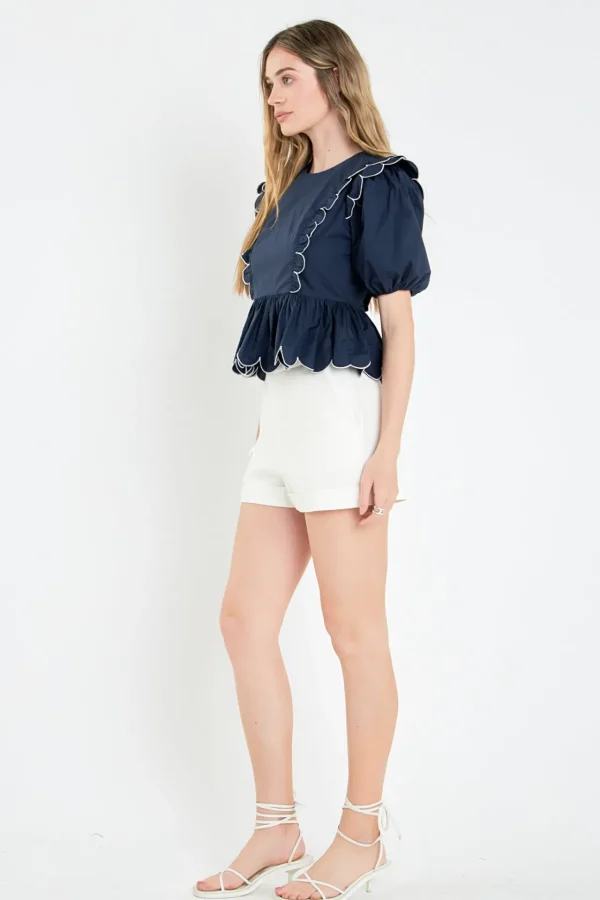 ENGLISH FACTORY Tops*- Contrast Scallop Edge Top NAVY/WHITE