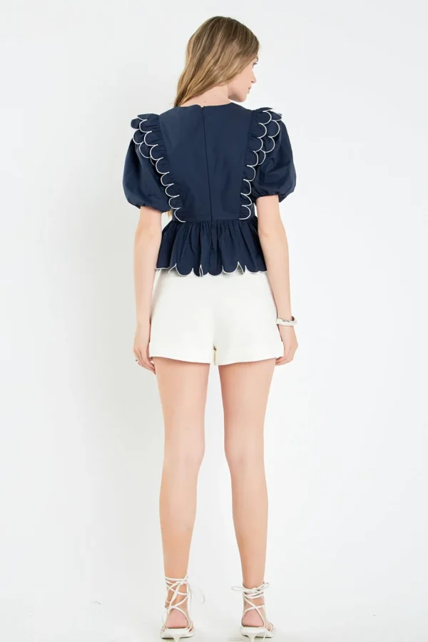 ENGLISH FACTORY Tops*- Contrast Scallop Edge Top NAVY/WHITE