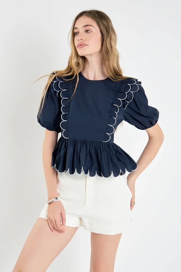 ENGLISH FACTORY Tops*- Contrast Scallop Edge Top NAVY/WHITE