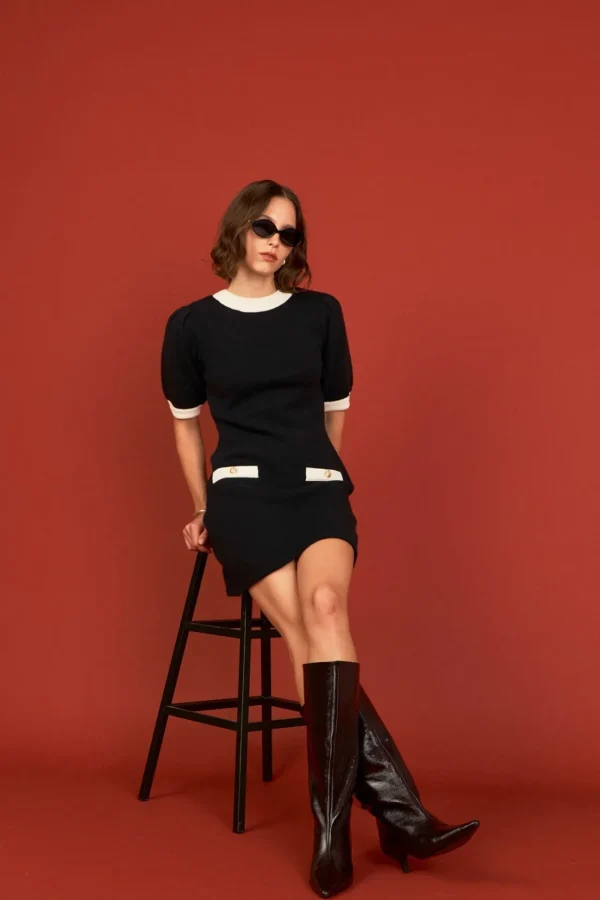 ENGLISH FACTORY Tops*- Contrast Rib Detailed Mini Dress BLACK/WHITE