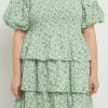 ENGLISH FACTORY Tops*- Crinkled Floral Linen Smocked Tiered Mini GREEN