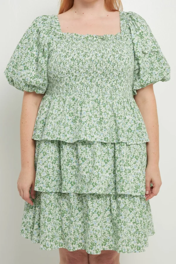 ENGLISH FACTORY Tops*- Crinkled Floral Linen Smocked Tiered Mini GREEN