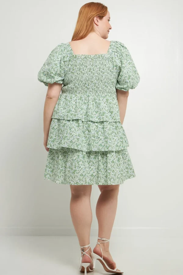 ENGLISH FACTORY Tops*- Crinkled Floral Linen Smocked Tiered Mini GREEN