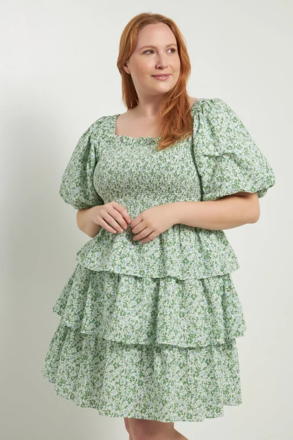 ENGLISH FACTORY Tops*- Crinkled Floral Linen Smocked Tiered Mini GREEN